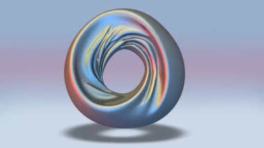 Yumuşak bir eğimin üzerinde kayan kırmızı-mavi yansımaları olan parlak metalik bir torusun 4K kusursuz döngüsü. Sıvı kıvrımlar ve yansıtıcı yüzeyler teknolojiye uygun fütürist, zarif bir görünüm yaratır.