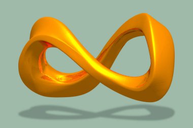 Düz yansıtıcı eğrileri olan 3 boyutlu altın sonsuzluk sembolü. Parlak metalik yüzey ve yumuşak gölge tasarım, markalaşma ve dijital sanat eserleri için uygun modern bir soyut element oluşturur.