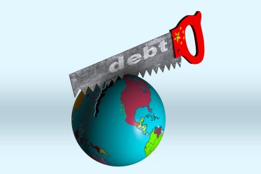 Çin 'e olan küresel borcu sembolize eden kavramsal 3D illüstrasyon, borç etiketli bir aracın baskısı altında Dünya gezegeni olarak gösteriliyor.