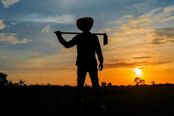 Bauer Mit Der Hacke Auf Einem Feld Bei Sonnenuntergang Stockfoto