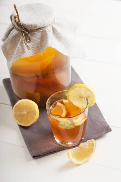 Kombucha Glass Jar Glass Drink Lemon Slices White Wooden Table — Stock Photo, Image