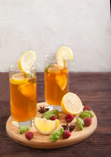 Two Glasses Kombucha Lemon Slices Straws Star Anise Wooden Table — Stock Photo, Image