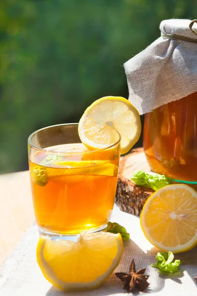 Bebida fermentada fresca kombuchá em um jarro de vidro e um copo com uma bebida e um carrinho de limão em uma mesa de madeira no fundo de um jardim verde. vertical. Copiar espadas. — Fotografia de Stock