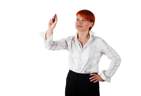 Frau zeichnet Lippenstift — Stockfoto