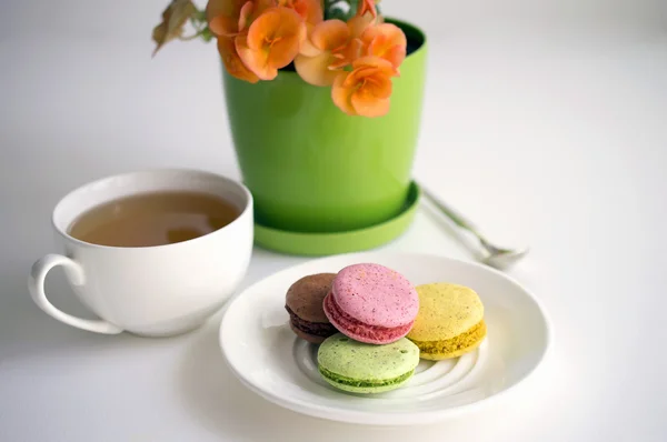 Macarons biscuits et tasse de thé — Photo