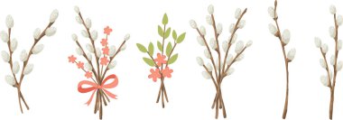 Pussy willow branches bouquets with spring flowers and red bow. Easter willow twigs vector set isolated on white background.
