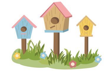 Mavi, doğal ahşap ve sarı renklerde üç ahşap kuş evinin yer aldığı şirin bir vektör klibi sahnesi. Evler yeşil bir çayırda duruyor. Beyaz arka planda yaban çiçekleri var.