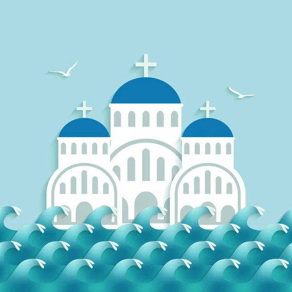 푸른 바다 근처 화이트 그리스 교회 — 스톡 벡터