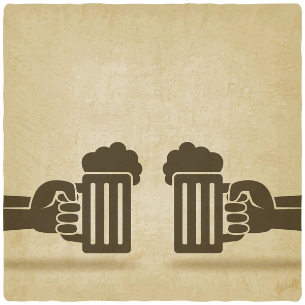 Hands with beer mugs old background — Stock Vector