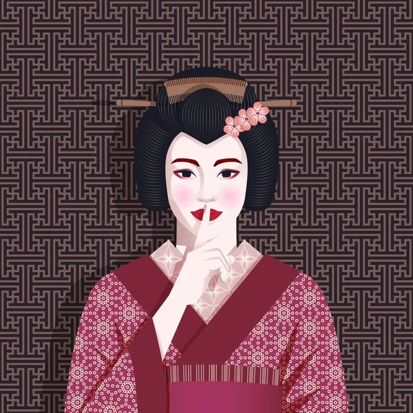 Portrait Von Geisha Hält Finger Ihre Lippen Vektorillustration — Stockvektor