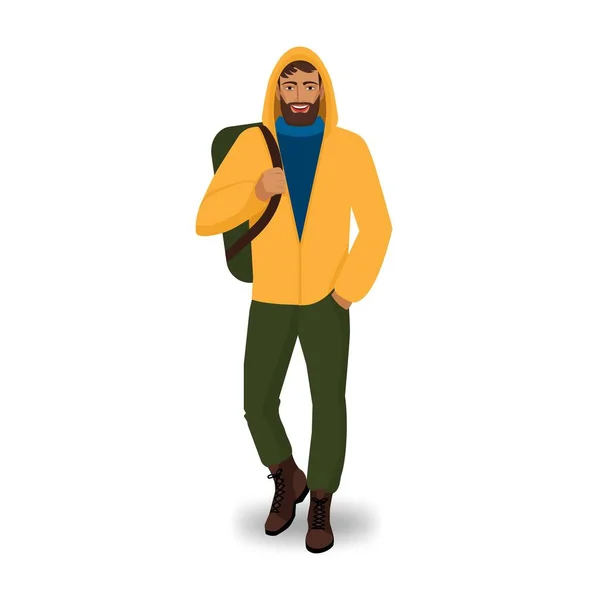 Turista masculino en chaqueta amarilla con mochila — Vector de stock