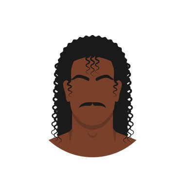 Siyah adamın yüzü, eski saç stili, uzun kıvırcık saçlı.