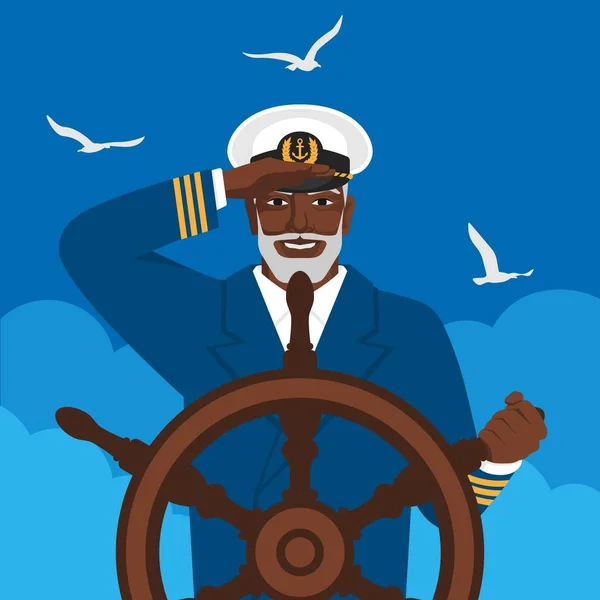 Черный мужчина-капитан смотрит вдаль стоя у штурвала лодки — стоковый вектор