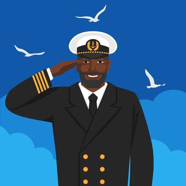 Zwarte mannelijke kapitein van het zeeschip in uniform groeten — Stockvector