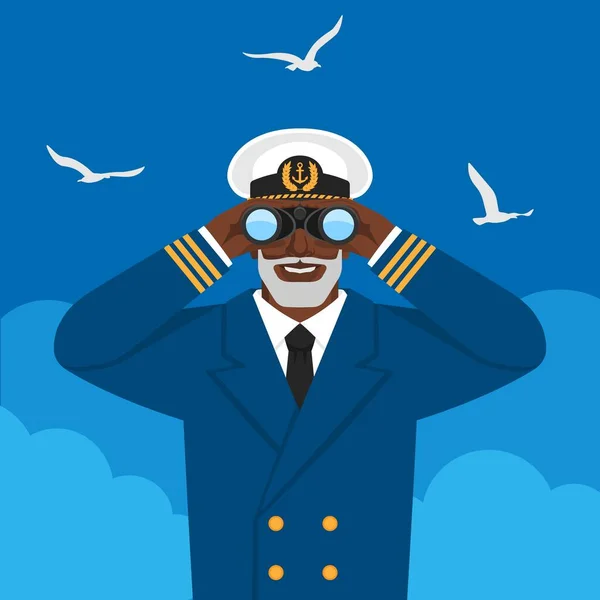 Black male captain looking through binoculars against cloudy sky and seagulls — Stock Vector