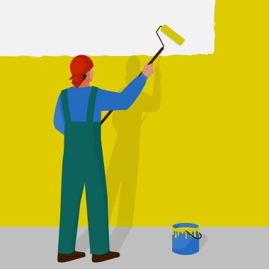 Adam boyayı sarıya boyuyor.