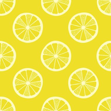 Sarı arka planda limon dilimleri, kusursuz desen.