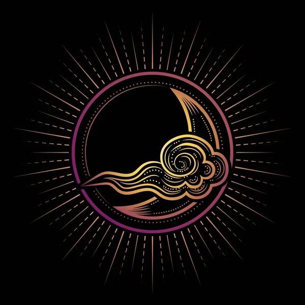 Golden Crescent moon behind a cloud on black background — Stock Vector