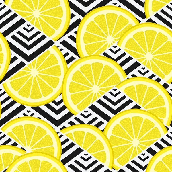 Lemon slices on geometric background. Lemon seamless pattern — Stock Vector