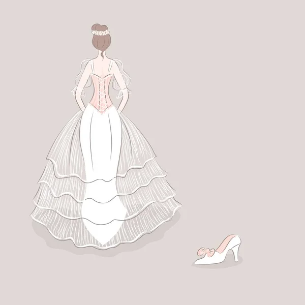 Menina no vestido de noiva perdeu um sapato —  Vetores de Stock