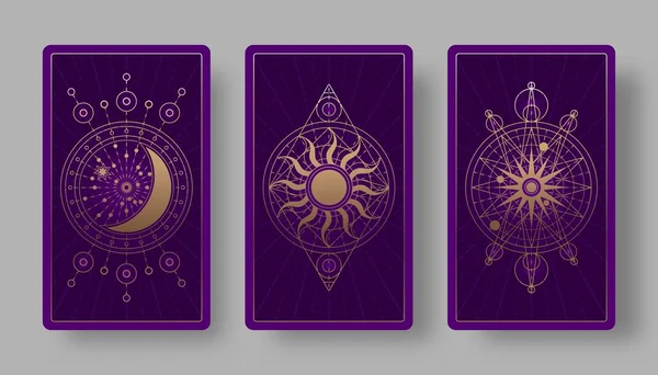 Tarot-Karten zurück Set mit goldenen Halbmond, Sonne und Sternensymbolen — Stockvektor