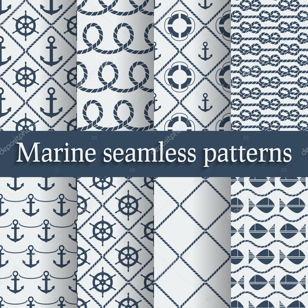 Blue marine seamless patterns set