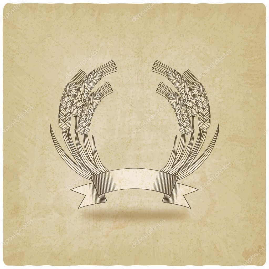 Sheaf of wheat with ribbon old background - vector illustration. eps 10