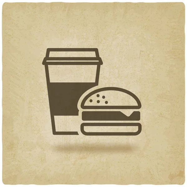 Koffie en hamburger fast food oude achtergrond — Stockvector