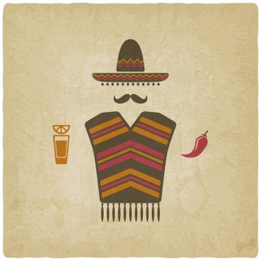 Mexican man with tequila and chili pepper clipart