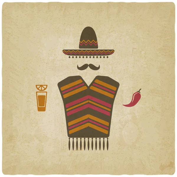 Homem mexicano com tequila e pimenta —  Vetores de Stock