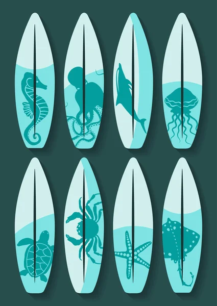 Surfbrädor anges med blå havet varelser ritning — Stock vektor
