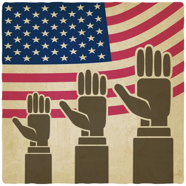 Hands up on American flag old background — Stock Vector