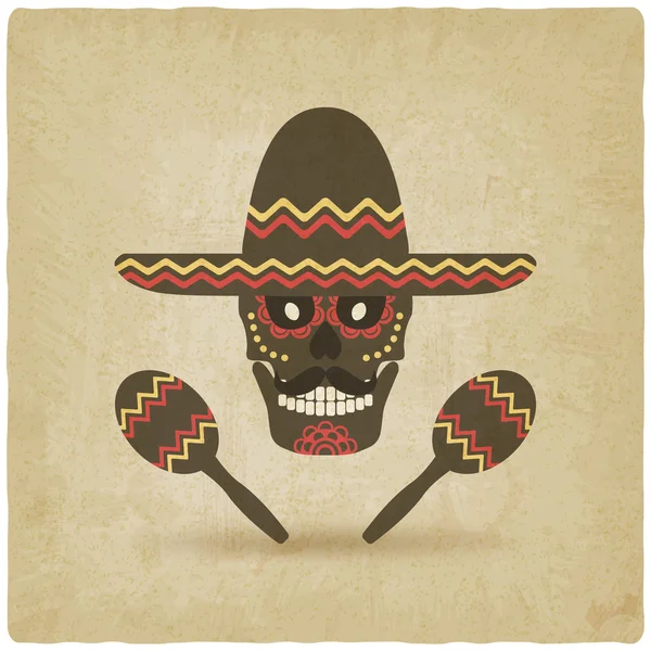 Concepto para el Día de los Muertos. calavera de azúcar en sombrero con maracas. viejo fondo — Vector de stock