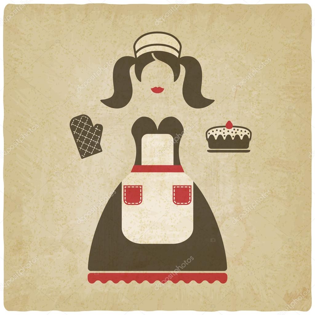 Baking concept illustration. girl with pie old background - vector illustration. eps 10