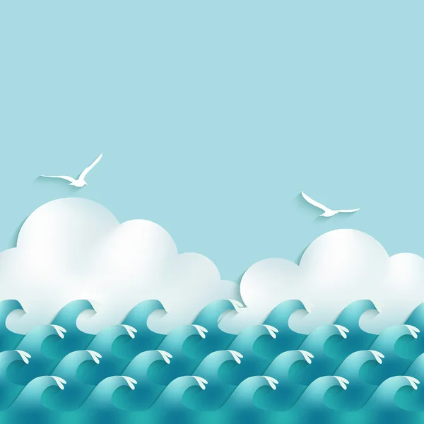 Fondo marino con olas, nubes y gaviotas — Vector de stock