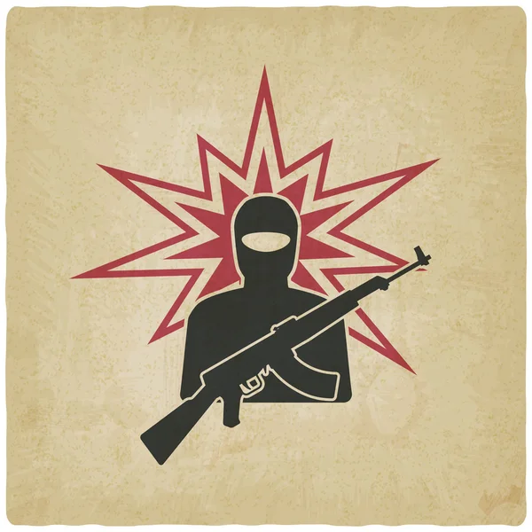 Terrorist med pistol gammal bakgrund — Stock vektor