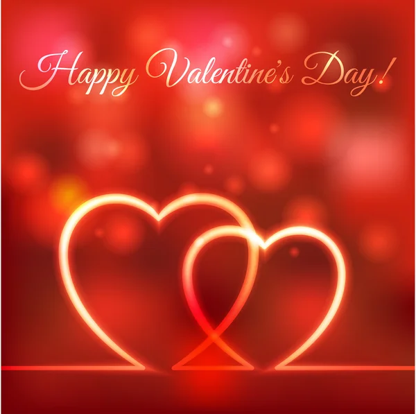 Feliz tarjeta de felicitación de San Valentín. corazones rojo fondo borroso — Vector de stock