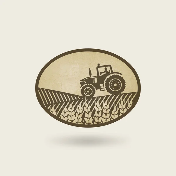 Etiqueta ovalada con el paisaje. tractor en el campo — Vector de stock