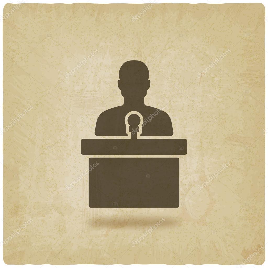 Man on podium with microphone old background - vector illustration. eps 10