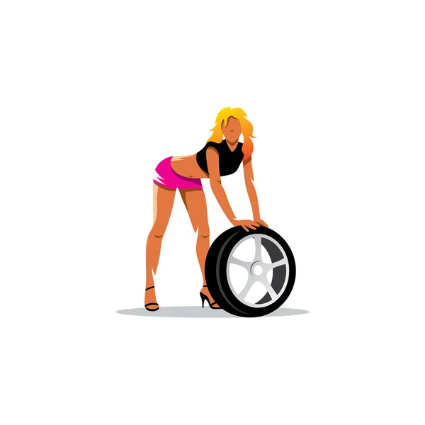 Auto mecánico chica con rueda. Servicio de neumáticos. Ilustración vectorial . — Vector de stock