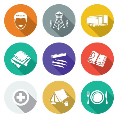 Kamp yerinden olmuş kişiler Icons Set için. Vektör çizim.