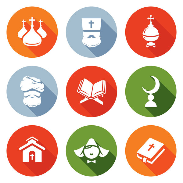 Religion Orthodoxy, Islam, Catholic Icons Set. Vector Illustration.