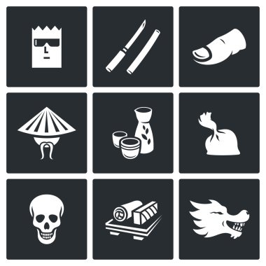 Yakuza, Japans organize suç Icons set. Vektör çizim.