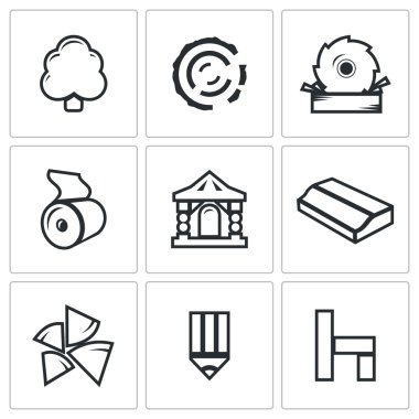 Ağaç ürünleri sanayi Icons set. Vektör çizim.
