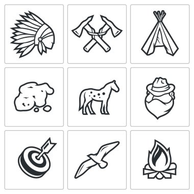 Indians Wild West and the Gold Rush icons set. Vector Illustration. clipart