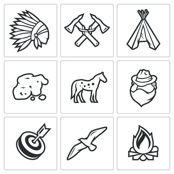 Indians Wild West and the Gold Rush icons set. Vector Illustration. — Stock Vector