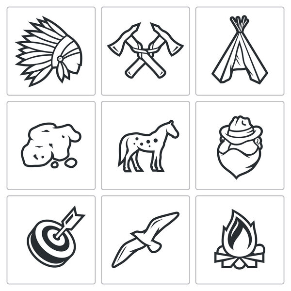 Indians Wild West and the Gold Rush icons set. Vector Illustration.