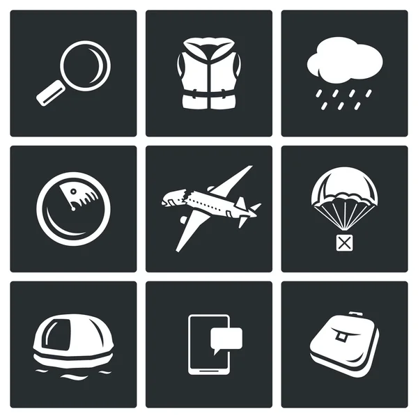 Zoekbewerking, vliegtuigcrash icons set. Vector illustratie. — Stockvector