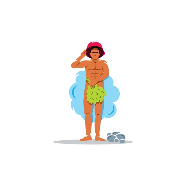 El hombre se cuece al vapor en la sauna con escoba de abedul y lavabo. Ilustración vectorial . — Vector de stock