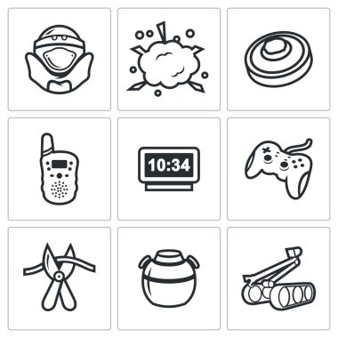 Minesweeper, demining equipment for mine clearance icons set. Vector Illustration. clipart
